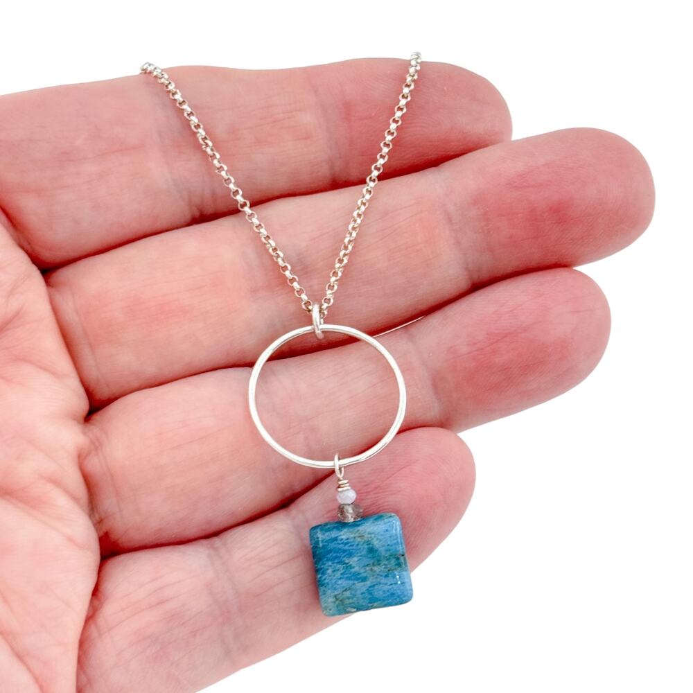 Vintage Sterling Silver 925 Chrysocolla Open Circle Pendant Necklace 16"